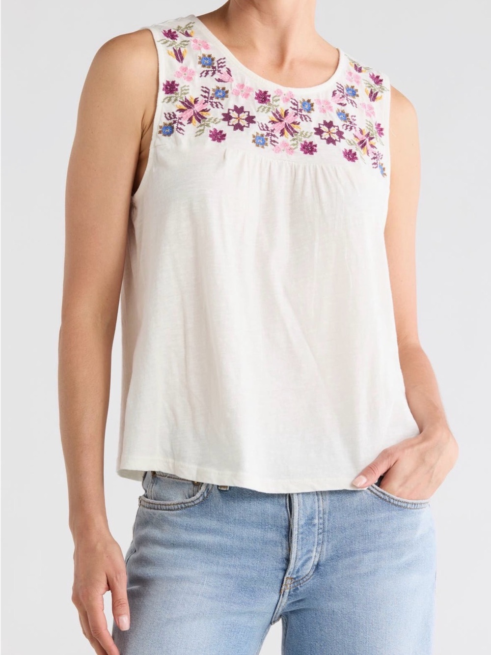 Lucky Brand Floral Embroidered Yoke Tank Top